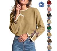 Women Crew Neck Sweater Bow Leopard Long Sleeve Split Cuff Knit Tops | Leopard Bow Decor Split Cuff Contrast Sweater,soft fabric and a loose comfortable fit,Versatile Daily and Office Wear