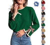 Women Crew Neck Sweater Bow Leopard Long Sleeve Split Cuff Knit Tops | Leopard Bow Decor Split Cuff Contrast Sweater,soft fabric and a loose comfortable fit,Versatile Daily and Office Wear