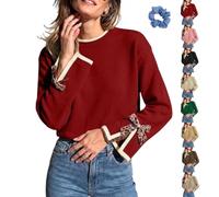Women Crew Neck Sweater Bow Leopard Long Sleeve Split Cuff Knit Tops | Leopard Bow Decor Split Cuff Contrast Sweater,soft fabric and a loose comfortable fit,Versatile Daily and Office Wear
