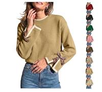 Women Crew Neck Sweater Leopard Bow Split Cuff Knit Pullover Color Block | Womens Knitted Sweater Crew Neck,Loose Long Sleeve Fit,Drop Shoulder,Soft Knit Pullover,Fall Outfits