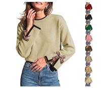 Women Crew Neck Sweater Leopard Bow Split Cuff Knit Pullover Color Block | Womens Knitted Sweater Crew Neck,Loose Long Sleeve Fit,Drop Shoulder,Soft Knit Pullover,Fall Outfits