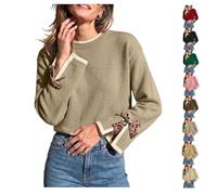 Women Crew Neck Sweater Leopard Bow Split Cuff Knit Pullover Color Block | Womens Knitted Sweater Crew Neck,Loose Long Sleeve Fit,Drop Shoulder,Soft Knit Pullover,Fall Outfits