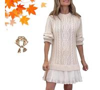 Women Crewneck Cable Knit Sweater Mini Dress, Cable Knit Sweater Dress,Crewneck Long Sleeve Pleated Dresses (A,M)