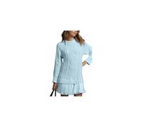 Women Crewneck Cable Knit Sweater Mini Dress, Cableknit Sweater Dress with Pleated Skirt, Fall Winter Outfits(Sky Blue,M)
