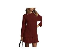 Women Crewneck Cable Knit Sweater Mini Dress, Cableknit Sweater Dress with Pleated Skirt, Fall Winter Outfits(Burgundy,S)