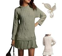 Women Crewneck Cable Knit Sweater Mini Dress, Causal Crew Neck Long Sleeve Patchwork Pleated Knit Pullovers Dresses (Green,M)