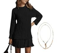 Women Crewneck Cable Knit Sweater Mini Dress, Crewneck Long Sleeve Pleated Mini Dress Twofer(Black,XL)