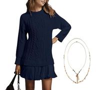 Women Crewneck Cable Knit Sweater Mini Dress, Crewneck Long Sleeve Pleated Mini Dress Twofer(Dark Blue,3XL)