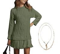 Women Crewneck Cable Knit Sweater Mini Dress, Crewneck Long Sleeve Pleated Mini Dress Twofer(Green,L)