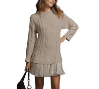 Women Crewneck Cable Knit Sweater Mini Dress, Fall Sweater Dress with Pleated Skirt for Women (Light Brown,M)