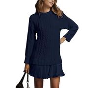 Women Crewneck Cable Knit Sweater Mini Dress, Fall Sweater Dress with Pleated Skirt for Women (Navy,XS)