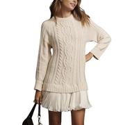 Women Crewneck Cable Knit Sweater Mini Dress, Fall Sweater Dress with Pleated Skirt for Women (White,S)