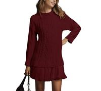 Women Crewneck Cable Knit Sweater Mini Dress, Fall Sweater Dress with Pleated Skirt for Women (Wine Red,XS)