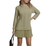 Women Crewneck Cable Knit Sweater Mini Dress, Knits Sweaters Pleated Mini Dress, Long Sleeve Pleated Minis Dresss (Green,S)