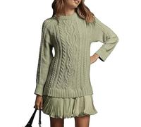 Women Crewneck Cable Knit Sweater Mini Dress, Twofer Style Patchwork DRES, New Cable Long Sleeve Pleated Mini Dress