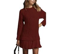 Women Crewneck Cable Knit Sweater Mini Dress, Women's Cable Knit Dress Double-Paneled (11XL,Wine Red)