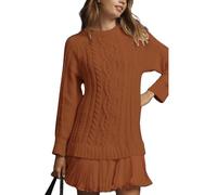 Women Crewneck Cable Knit Sweater Mini Dress, Women's Cable Knit Dress Double-Paneled (15XL,Dark Brown)