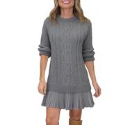 Women Crewneck Cable Knit Sweater Mini Dress, Women's Cable Knit Dress Double-Paneled (16XL,Gray)