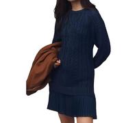 Women Crewneck Cable Knit Sweater Mini Dress, Women's Cable Knit Dress Double-Paneled (16XL,Navy)