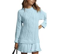 Women Crewneck Cable Knit Sweater Mini Dress, Women's Cable Knit Dress Double-Paneled (16XL,Sky Blue)