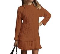 Women Crewneck Cable Knit Sweater Mini Dress, Womens Cable Knit Sweater Dress (Brown,M)