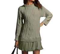 Women Crewneck Cable Knit Sweater Mini Dress, Womens Cable Knit Sweater Dress (Green,L)