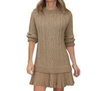 Women Crewneck Cable Knit Sweater Mini Dress, Womens Cable Knit Sweater Dress (Khaki,XS)