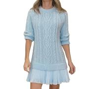 Women Crewneck Cable Knit Sweater Mini Dress, Womens Cable Knit Sweater Dress (Light Blue,M)