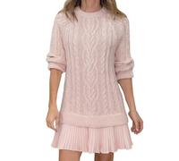 Women Crewneck Cable Knit Sweater Mini Dress, Womens Cable Knit Sweater Dress (Pink,M)