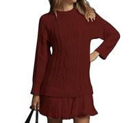 Women Crewneck Cable Knit Sweater Mini Dress, Womens Cable Knit Sweater Dress (Red,XL)