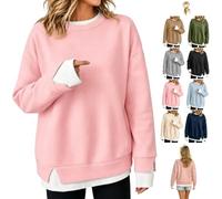 Women Crewneck Sweatshirts Fake Two Piece Layered Solid Fall Pullover Tops