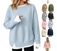 Women Crewneck Sweatshirts Fake Two Piece Layered Solid Fall Pullover Tops