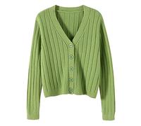 Women Cropped Cardigan Knitted Solid Color Open Front V Neck Sweater Coat Long Sleeve Loose Fit Casual Outwear Lightweight Jumper Fall Clothes C-125