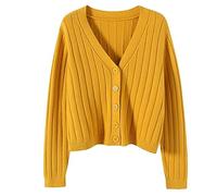 Women Cropped Cardigan Knitted Solid Color Open Front V Neck Sweater Coat Long Sleeve Loose Fit Casual Outwear Lightweight Jumper Fall Clothes C-125