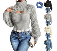 Women Cutout Chunky Turtleneck Sweater with Openwork Puff Sleeves Knit Top | Ribbed Long Sleeve Tops for Women,Chest Keyhole Detail,Turtle Neck Sexy Shirts for Women,for Fall Winter Date Night Outfits