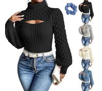 Women Cutout Chunky Turtleneck Sweater with Openwork Puff Sleeves Knit Top | Ribbed Long Sleeve Tops for Women,Chest Keyhole Detail,Turtle Neck Sexy Shirts for Women,for Fall Winter Date Night Outfits