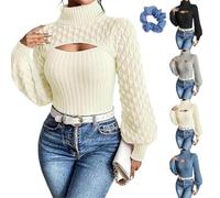 Women Cutout Chunky Turtleneck Sweater with Openwork Puff Sleeves Knit Top | Ribbed Long Sleeve Tops for Women,Chest Keyhole Detail,Turtle Neck Sexy Shirts for Women,for Fall Winter Date Night Outfits