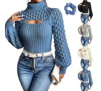 Women Cutout Chunky Turtleneck Sweater with Openwork Puff Sleeves Knit Top | Ribbed Long Sleeve Tops for Women,Chest Keyhole Detail,Turtle Neck Sexy Shirts for Women,for Fall Winter Date Night Outfits
