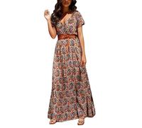 Women' Daily Slim Dress Long Sleeveless Cold Shoulder Solid & Print Split Hem Drawstring Casual(Brown,3XL)