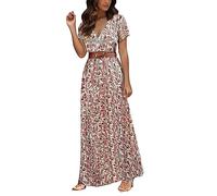 Women' Daily Slim Dress Long Sleeveless Cold Shoulder Solid & Print Split Hem Drawstring Casual(Red,L)