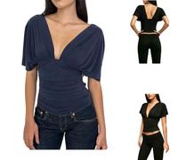 Women Deep V Neck Dolman Sleeve Crop Top,Ruched Cinched Waist T-Shirt
