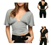 Women Deep V Neck Dolman Sleeve Crop Top,Ruched Cinched Waist T-Shirt