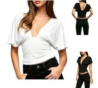 Women Deep V Neck Dolman Sleeve Crop Top,Ruched Cinched Waist T-Shirt