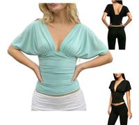 Women Deep V Neck Dolman Sleeve Crop Top,Ruched Cinched Waist T-Shirt