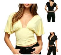 Women Deep V Neck Dolman Sleeve Crop Top,Ruched Cinched Waist T-Shirt