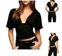 Women Deep V Neck Dolman Sleeve Crop Top,Ruched Cinched Waist T-Shirt