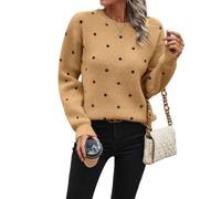 Women Dot Jacquard Sweater Crew Neck Long Sleeve Knit Pullover Casual Top (Brown,S)