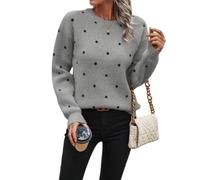 Women Dot Jacquard Sweater Crew Neck Long Sleeve Knit Pullover Casual Top (Gray,XL)