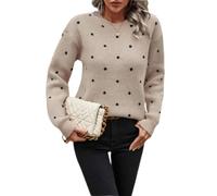 Women Dot Jacquard Sweater Crew Neck Long Sleeve Knit Pullover Casual Top (Khaki,M)