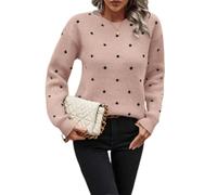 Women Dot Jacquard Sweater Crew Neck Long Sleeve Knit Pullover Casual Top (Pink,XL)